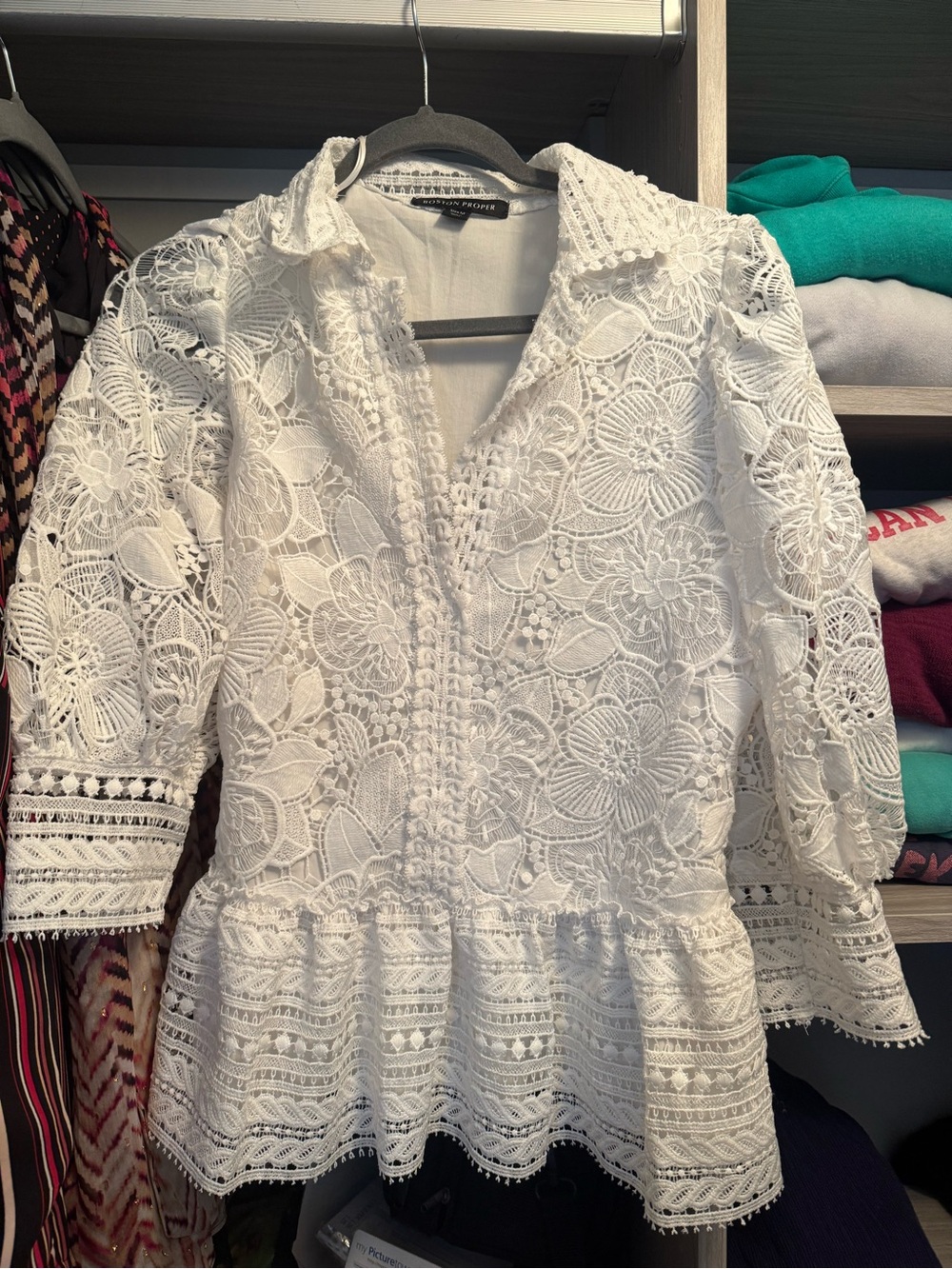 Boston Proper White Floral Lace Peplum Blouse